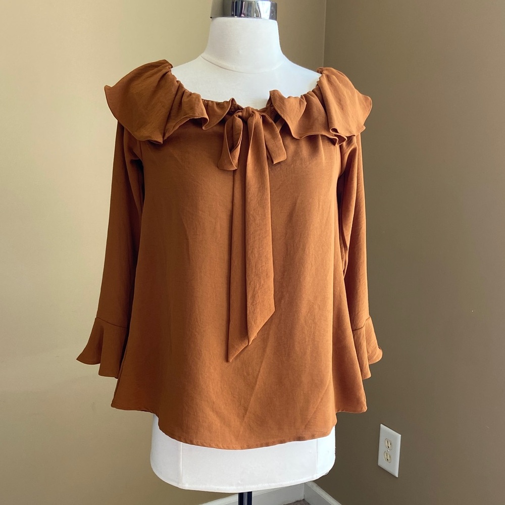 NWT Women's Ruffled Caramel Blouse - Size Small